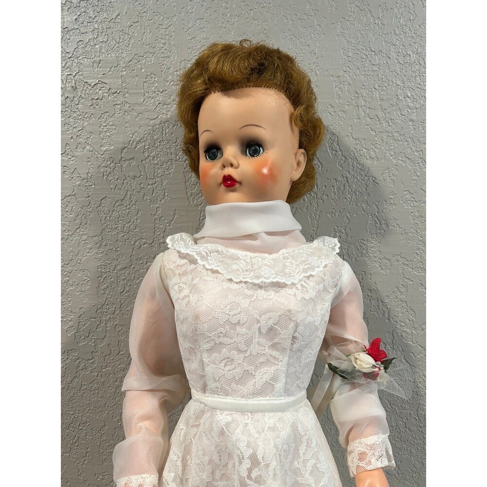 Vintage Bride Doll 28” tall White Lace Dress Corsage Plastic Body 1950s - Picture 3 of 11